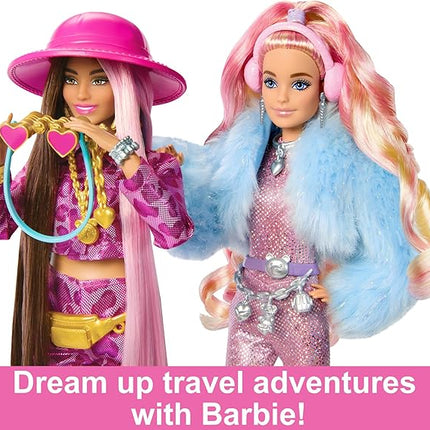 Barbie Extra Fly Doll with Snow-Themed Travel Clothes & Accessories, Sparkly Pink Jumpsuit & Faux Fur Coat