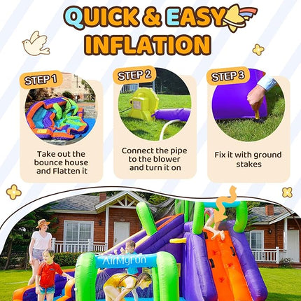 AirMyFun Water Bounce House Inflatable Bounce House for Kids with Blower. Family Backyard Bouncy Castle with Fun Doorway Tunnel, Climbing Wall, Long Safe Return Curved Slide and Ball Shooting