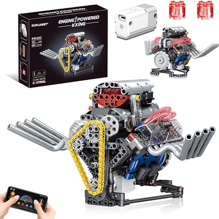 V8 Engine Building Blocks That Run,Mini V8 Car Engine Model Kit with LED Light and App Control,Collectible Set for Adults, Construction Engine Building Set for Kids.(665 Pcs)