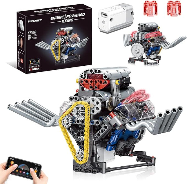 V8 Engine Building Blocks That Run,Mini V8 Car Engine Model Kit with LED Light and App Control,Collectible Set for Adults, Construction Engine Building Set for Kids.(665 Pcs)