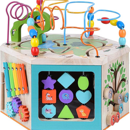 Teamson Kids Preschool Play Lab 7-in-1 Large Wooden Activity Cube Station Center Bead Maze and Counting for Kids Baby Toys, Natural