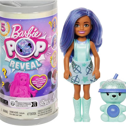 Barbie Chelsea Pop Reveal Bubble Tea Series Set with Themed Package & 5 Surprises Including Scented Small Doll & Pop-It Pet (Styles May Vary)