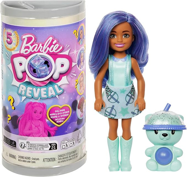 Barbie Chelsea Pop Reveal Bubble Tea Series Set with Themed Package & 5 Surprises Including Scented Small Doll & Pop-It Pet (Styles May Vary)
