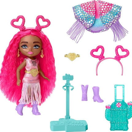 Barbie Extra Fly Minis Travel Doll, Desert Festival Look with Magenta Hair in Fringe Jacket, Dress & Accessories, 5.5-inch
