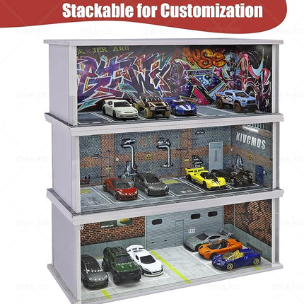 Display Case for Hot Wheels: Stackable Parking Garage for 1/64 Scale Matchbox Toy Car, Foamboard Storage for Monster Trucks with LED Light and Acrylic Cover, Supply Store
