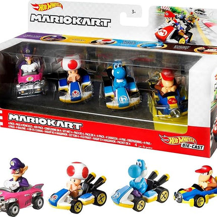 Hot Wheels Mario Kart Vehicle 4-Pack, Set of 4 Fan-Favorite Characters Includes 1 Exclusive Model, Collectible Gift for Kids & Fans Ages 3 Years Old & Up