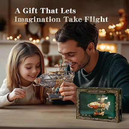 LED 3D Wood Puzzle Fantasy Airship Model - Steampunk DIY Craft Kit with LED Lights – Intricate Wooden Airship Model Building Set for Teens and Adults(Gray)