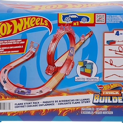 Hot Wheels Toy Car Track Set, Track Builder Playset Flame Stunt Pack with 16 Component Parts & 1:64 Scale Vehicle in Modular Storage Container