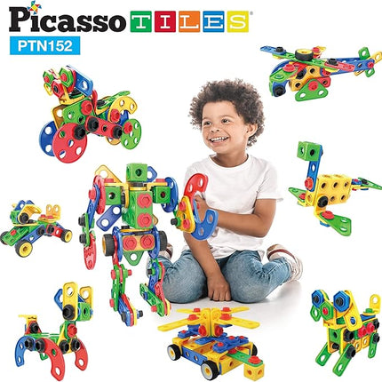 PicassoTiles 152pc STEM Construction Toy Building Set for Kids Ages 3+ Includes Power Drill, Ratchet, Idea Book, Storage Box Educational Engineering Science Kit & Sensory Toys for Boys & Girls PTN152