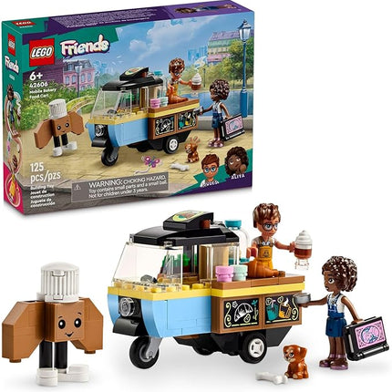 LEGO Friends Mobile Bakery Food Cart Playset, Cooking Toy for Pretend Play, Small Gift for Kids, Girls and Boys Ages 6 and Up with Aliya and Jules Mini-Dolls, Aira Dog Figure and Food Toys, 42606
