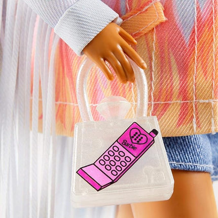 Barbie Extra Doll & Accessories with Rainbow Braids in Long-Fringe Denim Jacket with Pet Puppy and Car for Pet