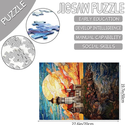 Seascape Jigsaw Puzzles 1000 Pieces for Adults, Families (Beavertail Lighthouse,House,Full Moon,Sea) Pieces Fit Together Perfectly 19.7''x27.6''inch Landscape Frameable Magic Puzzle Art（Yellow）