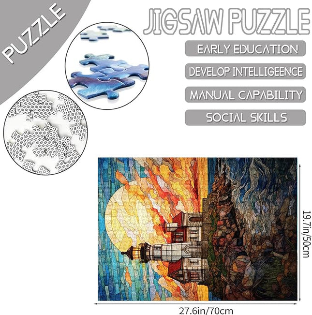 Seascape Jigsaw Puzzles 1000 Pieces for Adults, Families (Beavertail Lighthouse,House,Full Moon,Sea) Pieces Fit Together Perfectly 19.7''x27.6''inch Landscape Frameable Magic Puzzle Art（Yellow）