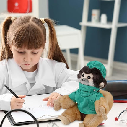 DolliBu Squirrel Monkey Doctor Plush Toy - Super Soft Squirrel Monkey Doctor Stuffed Animal Dress Up with Cute Scrub Uniform and Cap Outfit with Personalization - 12.5 Inch