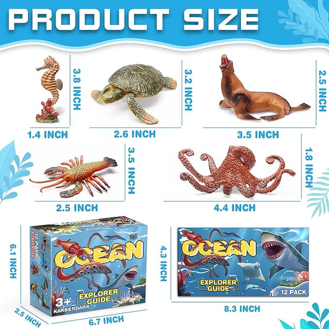 12 Pack Ocean Animal Toys with Educational Booklet for Kids, Realistic Soft Plastic Creatures Model Figures for Toddler Boys Girls, Under the Sea Party Favor, Birthday Gifts Water Table Toy