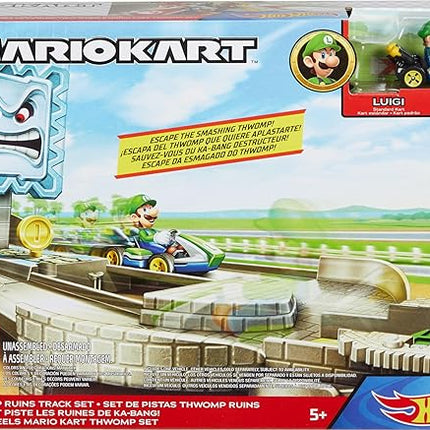 Hot Wheels Mario Kart Track Set & Toy Car, Thowmp Ruins Playset with Luigi Kart Vehicle & Pull-Back Launcher