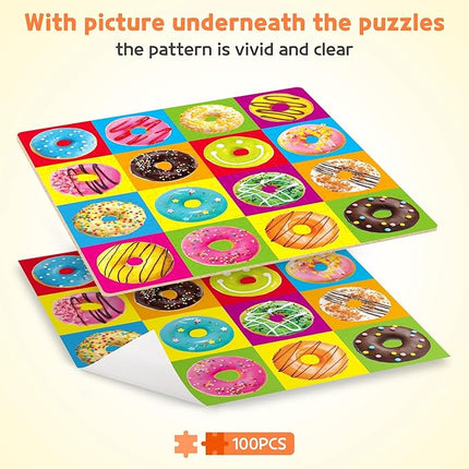 SYNARRY 100 Piece Wooden Puzzles for Kids Ages 4-8, Donuts Jigsaw Puzzle for Kids Ages 4-6 8-10 Teens, Educational Puzzles for 4 5 6 7 8 9 Years Old, Easter Basket Stuffers Valentines Day Gift for Kid