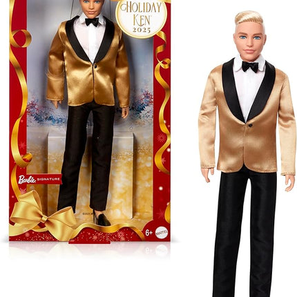 Barbie Signature 2025 Holiday Blonde Ken Collectible Fashion Doll Wearing Full Suit with Golden Jacket in Displayable Packaging & Doll Stand