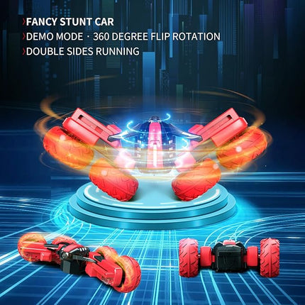 Remote Control Car for 6-12 Years Old Boys Girls Birthdays Present Gift, Hobby RC Car Stunt with LED Light Electric 4WD 2.4Ghz Double Sided Rotating Racing Vehicle 360° Flips Offroad Kids Toy Red