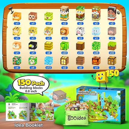 150 Magnetic Blocks – Mine Magnet Game Building Craft, STEM Constructions Toy, Jungle Animals, Sensory Stacking Cubes Kids Toys, Christmas Birthday Gifts for Boys Girls Age 3-5, 5-7, 4-8, 8-12