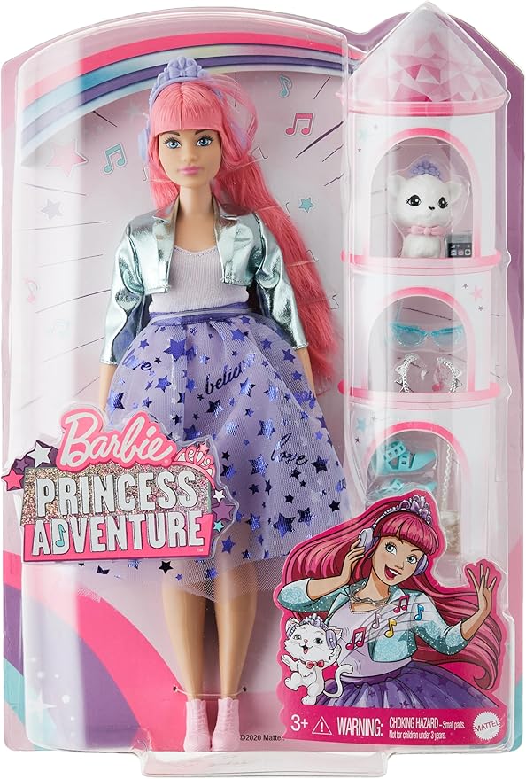 Barbie Princess Adventure Daisy Doll in Princess Fashion (12-inch Curvy) with Pink Hair, Pet Kitten, Tiara, 2 Pairs of Shoes and Accessories, for 3 to 7 Year Olds