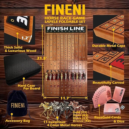 Horse Racing Game for Adults, Foldable Horse Race Board Game with 11 Luxurious Metal Horses (Gold, Silver, Black, RoseGold), 22” Sapele Wood Horse Race Game Board, Dice & RoseGold Card (Sapele)
