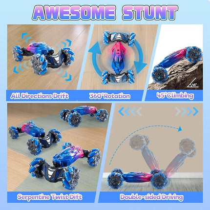 Gesture Sensing RC Stunt Car, 2.4GHz 4WD Stunt Car Toys for Ages 6-12 yr Boys Girls, Hand Controlled Remote Control Twist Cars, Offroad 360° Rotation with Lights and Music for Birthday Gifts