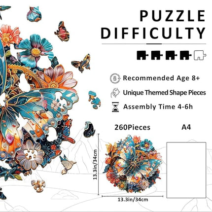 Wooden Puzzles for Adults - Mechanical Butterfly Wood Puzzles Adult - Unique Animal Shape Wooden Jigsaw Puzzles for Adults - Birthday Gifts for Puzzle Lovers, Family (13.3 * 13.3in)
