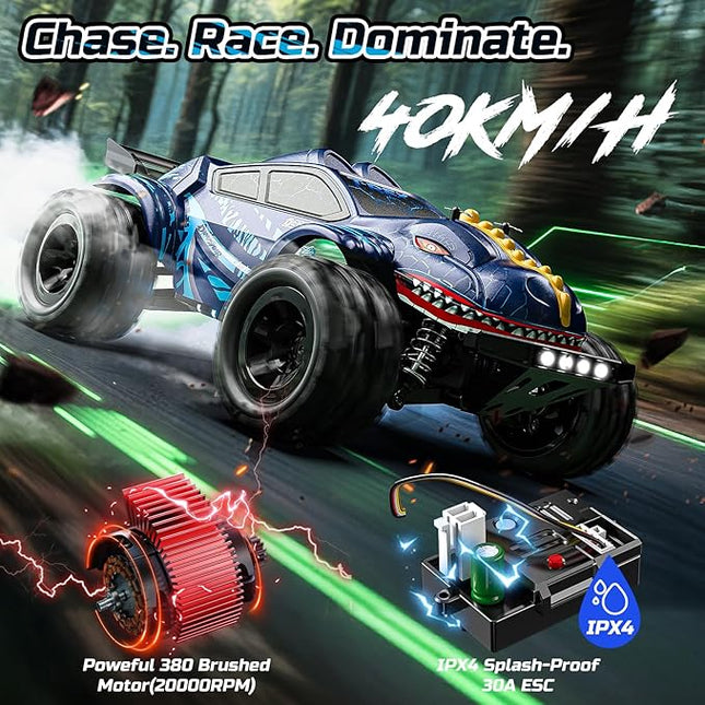 DEERC 9308E 1:16 Fast RC Cars for Boys Age 8-12 RC Monster Truck 40 KPH,All Terrain 4WD High Speed Dinosaur Truck 2 Car Shell,2.4Ghz Off-Road Remote Control Cars with 2 Batteries, Toy Gift for Kids