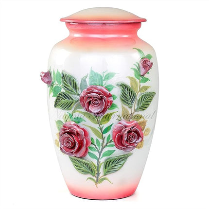 11" 3D Carved Decorative Flowers Aluminum Metal Cremation Urns for Human Ashes | Hand-Crafted Large Urn for Adult Cremation (Pink Roses)