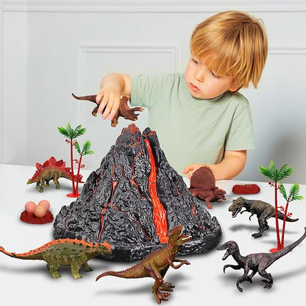 Large Volcano Set with 9 Realistic Dinosaur Action Figures for Kids 2 3 4 5 6 8 10 Years, Simulated Volcanic Eruptions w/Sounds, Volcano Can Store Dinos, Gift for Toddlers Boys & Girls