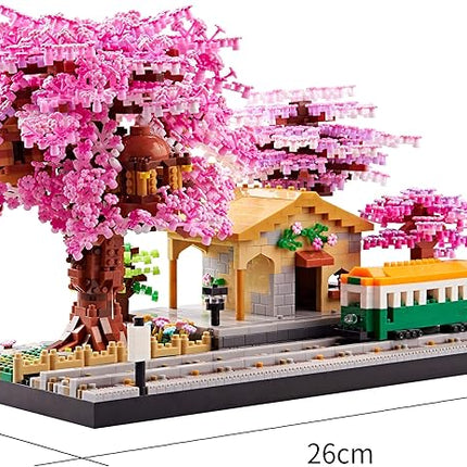 Architecture, Japanese Sakura Tree Class Train Station Cherry Blossom Tree Building Block Model Kit 3668 PCS for Adults and Kids, Classical Building Micro Blocks Set,Mini DIY Assembly Toy