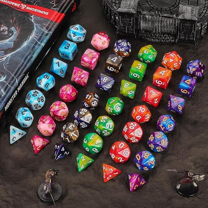 DND Dice Set - QMay 42pcs Polyhedral Dice, 6 Complete Double-Colors D&D Dice Sets with 6 Blue Drawstring Bags for Dungeons and Dragons RPG MTG Table Games