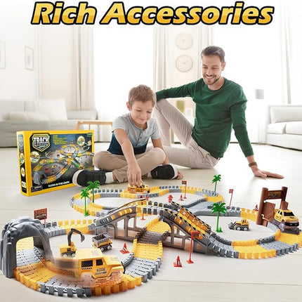 264 PCS Construction Race Tracks for Kids Toys, Glow in The Dark Magic Toy Set, 2 Light Up Cars Track, 3 Construction Cars, Flexible DIY Track Set, Birthday Gift for Age 3-9 Boys Toddler Girls