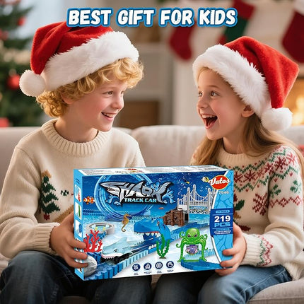 VATOS Shark Track Toys - 219 Pcs Flexible Race Track Set with 360° Loops, Electric Shark Car & Auto-Rotating, Create a Shark Theme Road Race, STEM Toy Birthday for Boys Girls Ages 3-8