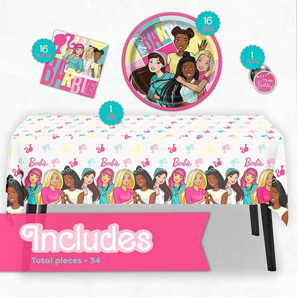 Barbie Birthday Party Decorations | Barbie Party Decorations | Serves 16 Guests | Officially Licensed | Tablecover, Plates, Napkins, Button