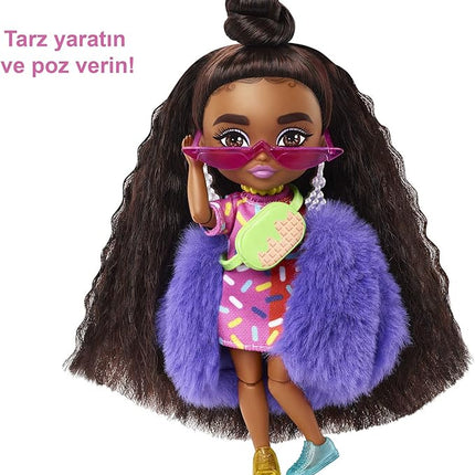 Barbie Extra Minis Doll #1 (5.5 in) Wearing Sprinkle-Printed Dress & Furry Coat with Doll Stand & Accessories Including Micro Sunglasses and Waist Bag, Gift for Kids 3 Years Old & Up