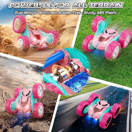 Pink Remote Control Car for Girls - RC Stunt Cars with 4WD Double-Sided Driving 360° Flips Rotating, Off Road Remote Car Outdoor Toys for Kids Age 6 7 8-12, Christmas Birthday Gifts