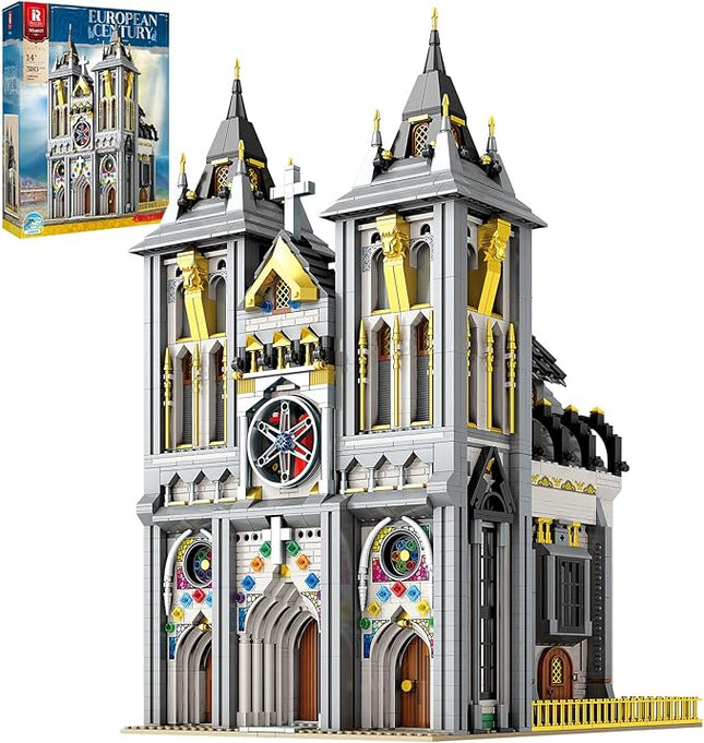 Reobrix Medieval Castle Building Block Set with Light,Architectural Model Kit 66027,European Century Church,Construction Model for Adult and Teens Age of 14+,Home Decoration,Idea Art Gift,3183 PCS
