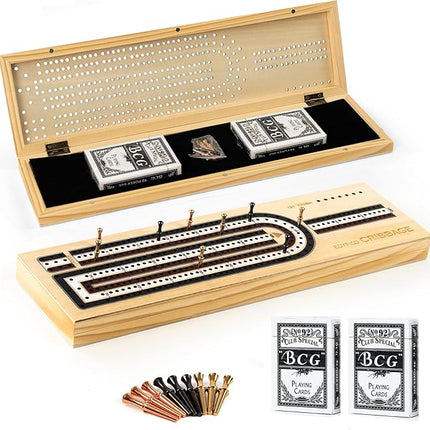 Cribbage Board Game Set, 3-Track Premium Wooden Cribbage Board with Magnetic Lock & Large Storage, 9 Metal Pegs, 2 Decks of Playing Cards - Classic Board Games for Adults Family (Instruction Include)
