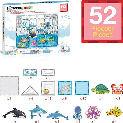 PicassoTiles Magnet Tiles Magnetic Building Blocks Aquarium Marine Animal Theme Set with 8 Character Action Figures Shark Crab Turtle STEM Toys Construction Preschool Toddlers Kids Boys Girls 3+ PTQ15