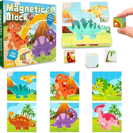 ritastar Magnetic Blocks Building Toy, 25pcs Mine Stacking Magnet Build Cubes Cartoon Pattern World,STEM Sensory Construction Toys for Kids Gift,Educational Jigsaw Puzzle Set with 3D Dinosaur Designs