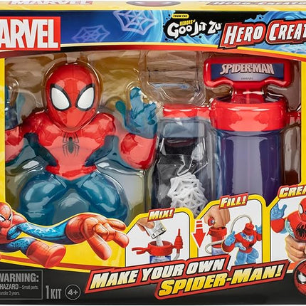 Heroes of Goo Jit Zu Marvel Hero Creator Spider-Man with 3 Unique Goo Fillings, Mix, Fill & Create Your Own Stretchy Spider-Man Hero of Goo JIT Zu Action Figure, Mix, Fill & Create Again and Again.