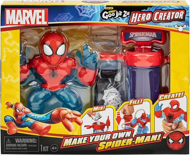 Heroes of Goo Jit Zu Marvel Hero Creator Spider-Man with 3 Unique Goo Fillings, Mix, Fill & Create Your Own Stretchy Spider-Man Hero of Goo JIT Zu Action Figure, Mix, Fill & Create Again and Again.