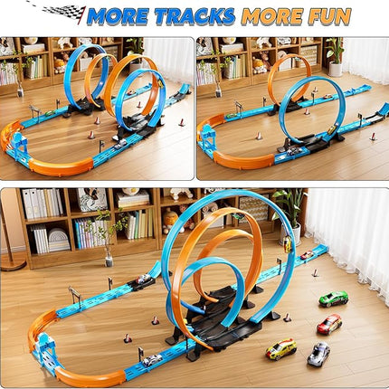 Toy Car Race Track Set for Boys Kids Age 3-5 4-7, Race Tracks with 4 High-Speed Pull Back Race Cars and Crash Zones, Christmas Halloween Birthdays Gifts Toys for Boys Kids 4-6 8-12 Years Old