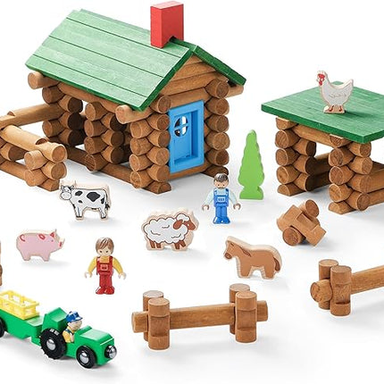 SainSmart Jr. Wooden Log Cabin Set Farm Building House Toy for Toddlers, 122 PCS Classic STEM Construction Kit with Colorful Wood Logs Blocks for 3+ Years Old