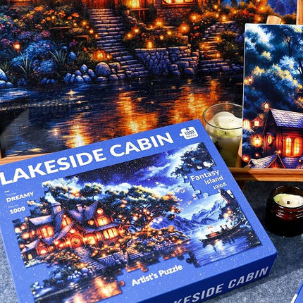 1000 Piece Fantasy Island Sparkling Jigsaw Puzzle for Adults – Dreamy Lakeside Cottage Under Starry Night Sky, Whimsical Fairy Tale Art Puzzle, Relaxing and Challenging Gift for Puzzle Lovers