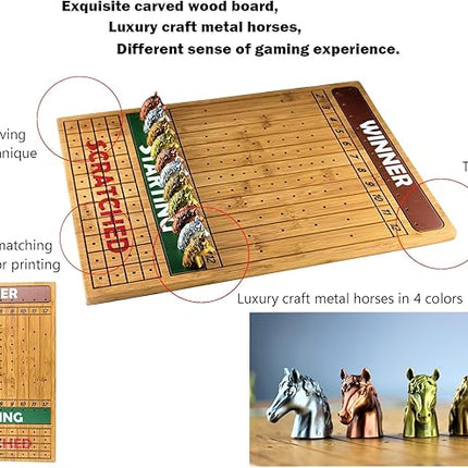 Metal Horse Race Board Game Set with Horse Racing Thick & Solid Wood Game Board(16"/Dark),11 Luxurious with 4 Antique(Gold,Silver,Red Cooper&Bronze) Metal Craft Horses, Dice&Cards (HR-M654)
