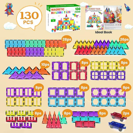 Magnetic Tiles - 130PCS Magnetic Blocks for Kids, Magnet Tiles Building Blocks Set with 2 Cars, Construction STEM Magnet Toys Gift for Kids, Boys and Girls 3 4 5 6 7 8+ Year Old