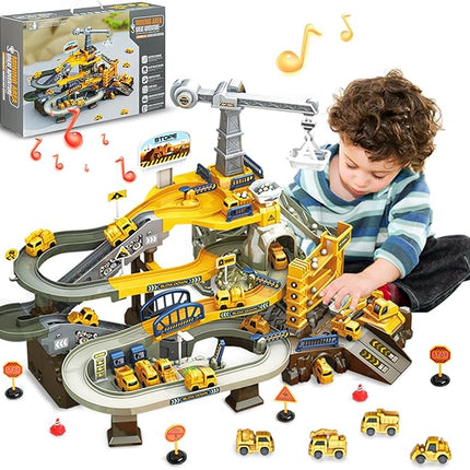 Toys for 3 Year Old Boys - SMIESSKIDDO 68 PCS STEM Construction Race Track Set with Music & Mining Scenes | Montessori Learning Gift for Toddlers Ages 3-6, Durable & Easy Build Car Tracks
